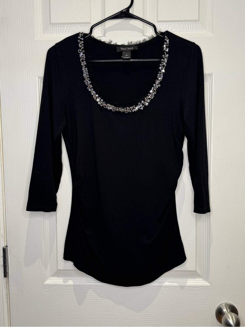 White House Black Market Women's Small Black Scoop Neck Feathered Sequin